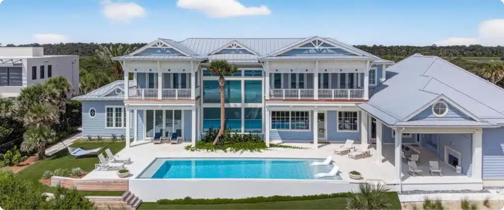 Front elevation of Ponte Vedra oceanfront home with luxury pool and coastal architecture